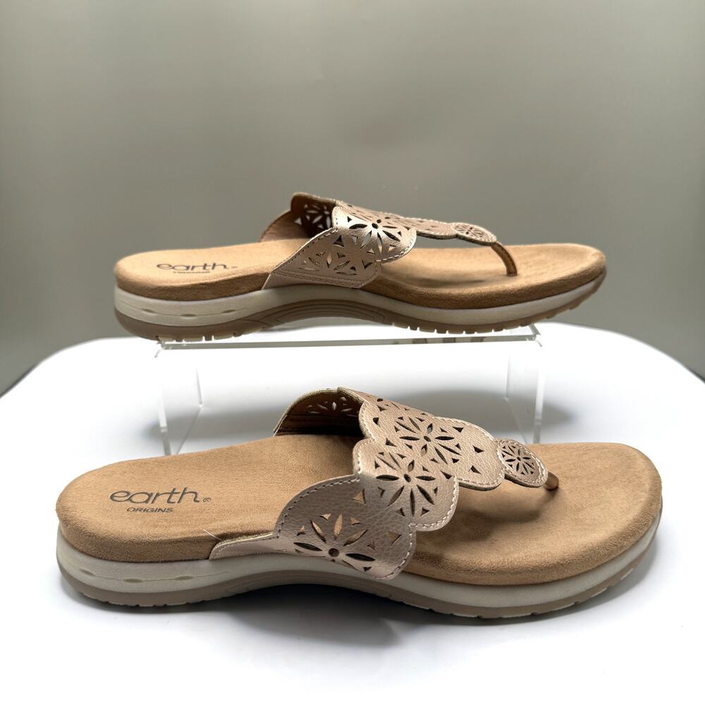 Earth Origins Beige Leather Floral Cut-Out Thong Slip On Sandals Comfort US 10M - Picture 4 of 11